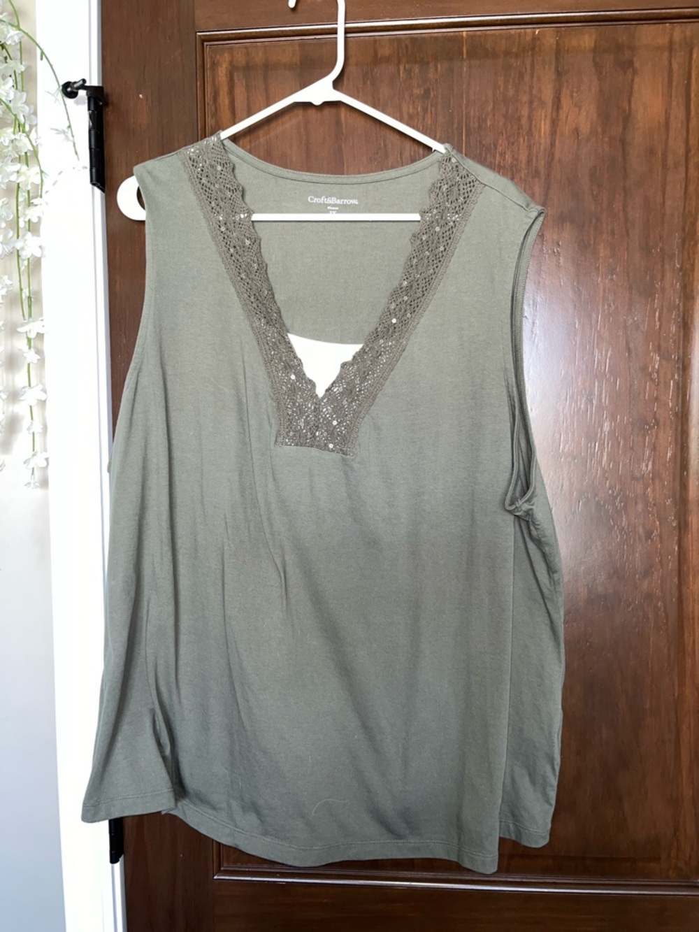 croft & barrow Olive Green Lace-Trim V-Neck Tank